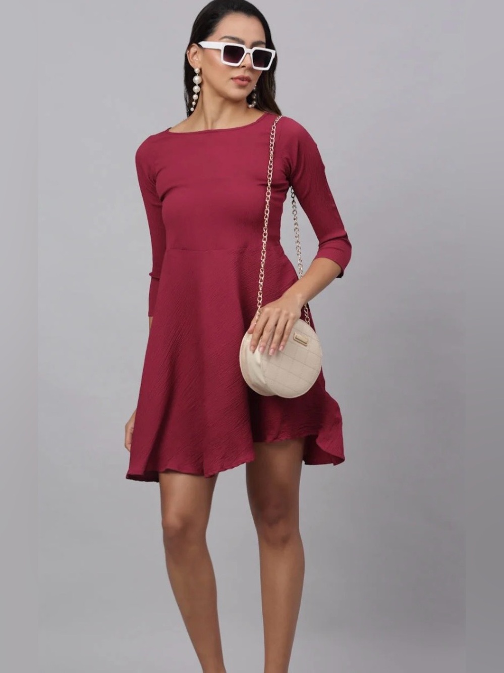 NEW! French Connection Wine Long-Sleeve Fit & Flare Dress 10